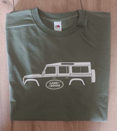 T-Shirt Land Rover Defender 110 olivfarbenes T-Shirt mit Land Rover Defender 110