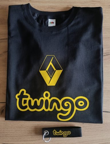 T-Shirt Renault Twingo Schwarzes T-Shirt mit gelbem Renault Twingo-Logo und passendem Schlüsselband.