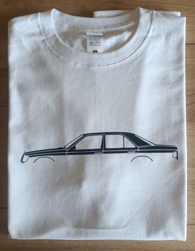 T-Shirt Mercedes Benz W124 weißes T-Shirt mit Silhouette eines Mercedes Benz W124