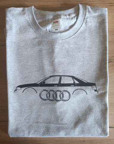 T-Shirt Audi A4 mit Ringe graues T-Shirt mit Silhouette eines Audi A4 B5 und Audi Ringe