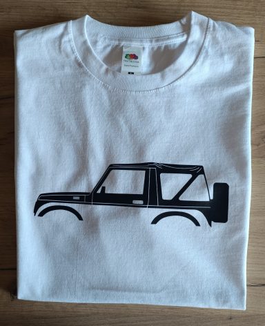 T-Shirt Suzuki SJ 410 Samurai weißes T-Shirt mit Silhouette eines Suzuki Samurai SJ410 Soft top