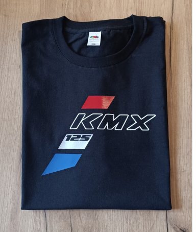 T-Shirt Kawasaki KMX 125 Schwarzes T-Shirt mit KMX-Logo in rot und blau.