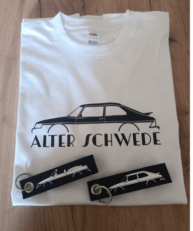 weißes T-Shirt mit Saab 900 und Schlüsselanhänger