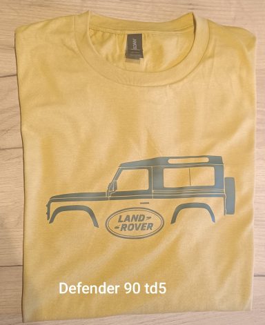 T-Shirt Land Rover Defender 90 td5 T-Shirt mit Land Rover Defender 90 td5 in Farbe mustard / oliv grün