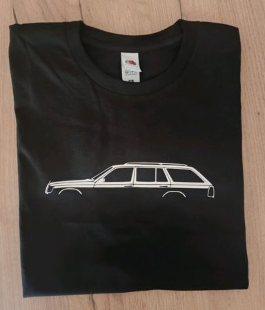 T-Shirt Mercedes Benz W124 T-Modell schwarzes T-Shirt mit Silhouette eines Mercedes W124 T-Modell