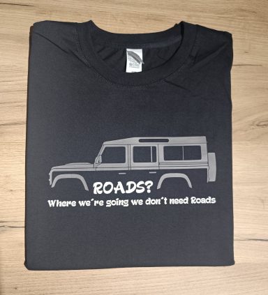 T-Shirt Defender 110 Roads? schwarzes T-Shirt mit Land Rover Defender 110 Silhouette