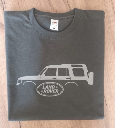 T-Shirt Land Rover Discovery 2 dunkelgraues T-Shirt mit Silhouette eines Land Rover Discovery 2 in hellgrau